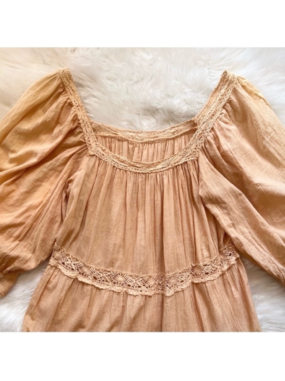 New! JEN'S PIRATE BOOTY Almond Lace Tiered Ruffled Mini Dress in Peachy Tan - Picture 8 of 12